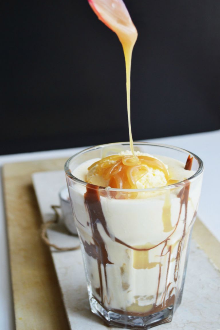 Butterscotch Milkshake with Chocolate Peanut Butter hot Fudge Savory