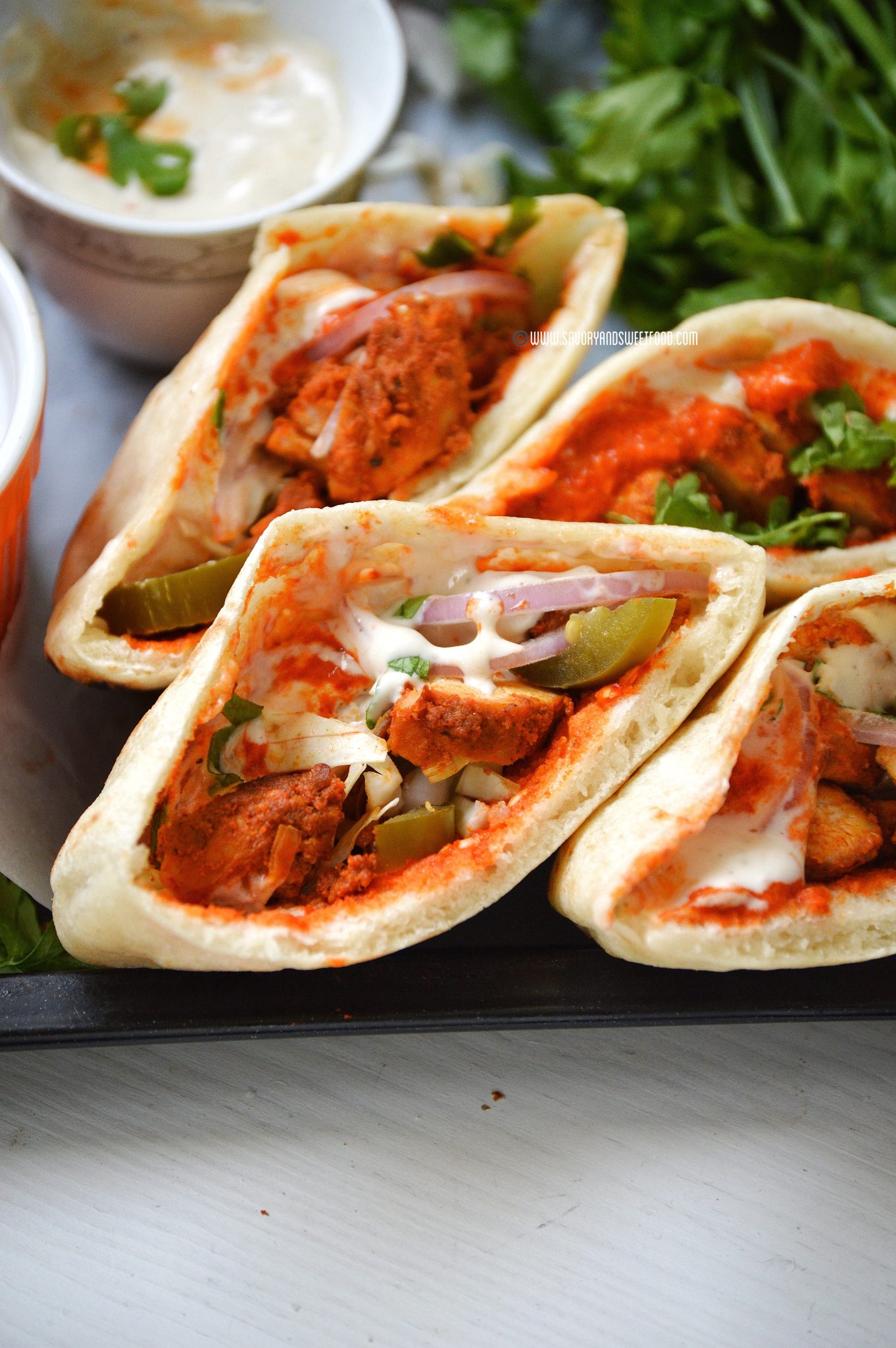 Spicy Chicken Shawarma Pita Pockets with Harissa Sauce Savory&SweetFood